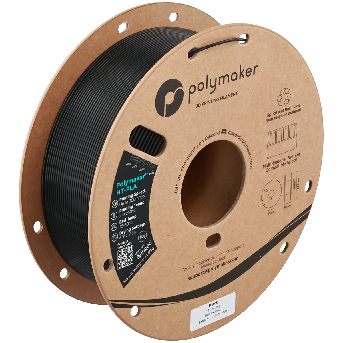 Bobina filamento Polymaker HT-PLA 1.75mm 1kg nero alta temperatura